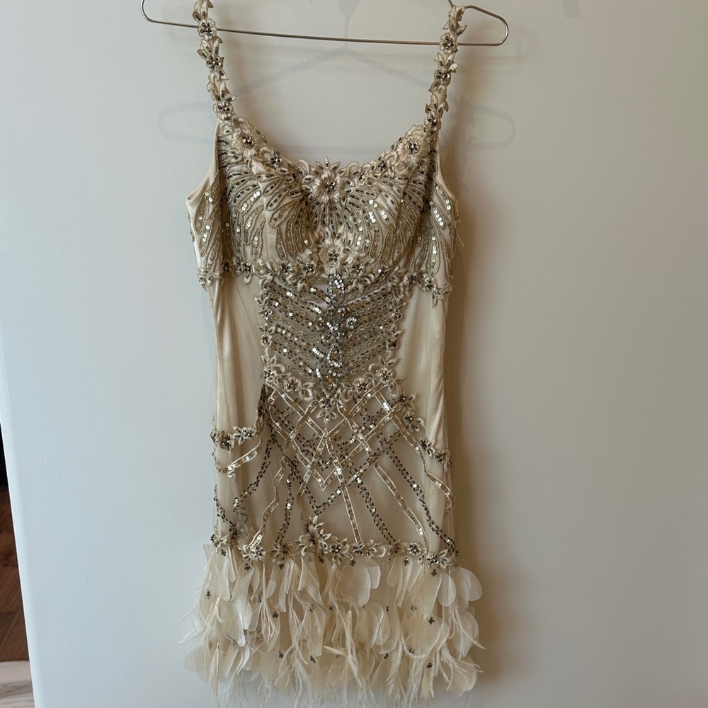 Sue Wong Cream and Silver Embellished Mini Dress